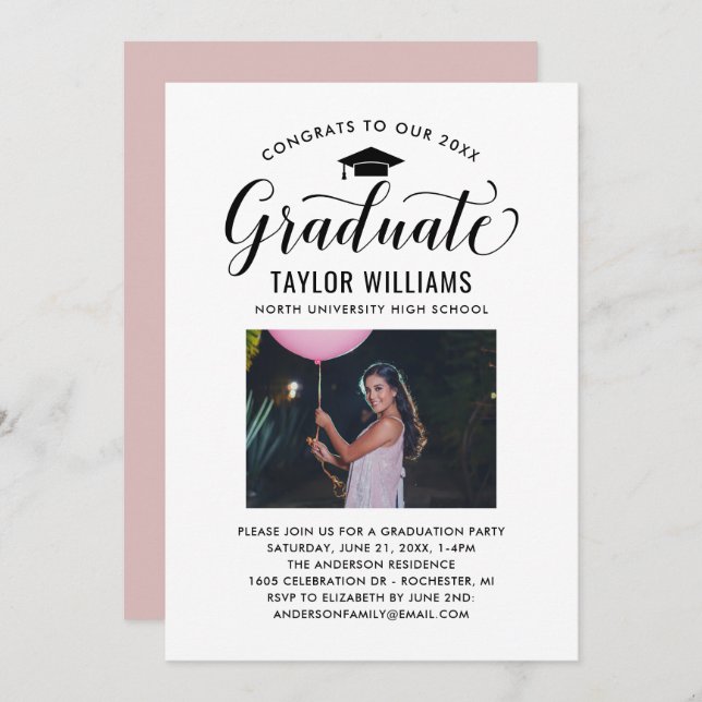 Congrats to Our Graduate Black Script Photo Invitation (Front/Back)