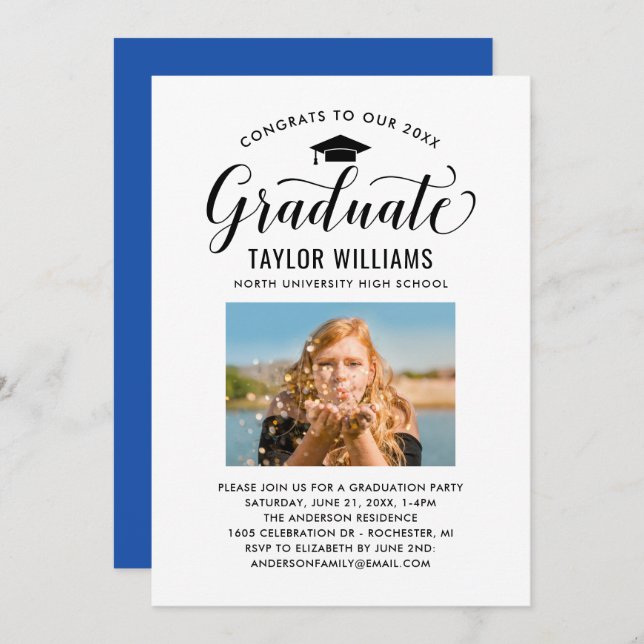 Congrats to Our Graduate Black Script Photo Invitation (Front/Back)