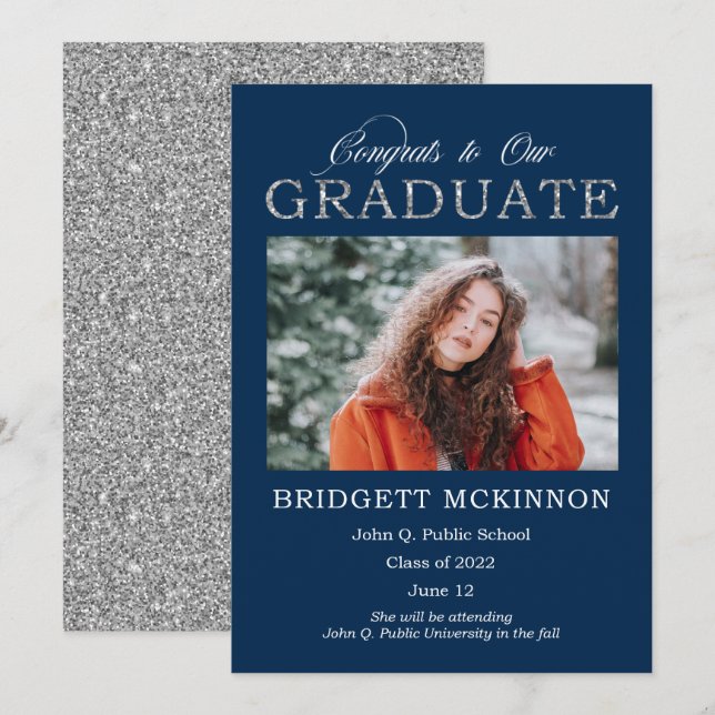 Congrats to Our Graduate Faux Silver Glitter Blue Announcement (Front/Back)