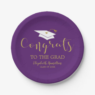 Congrats To The Grad Gold Glitter Purple Paper Plate