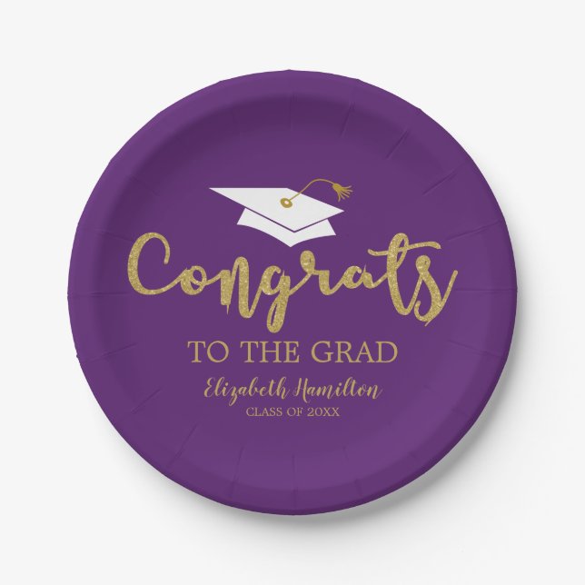 Congrats To The Grad Gold Glitter Purple Paper Plate (Front)