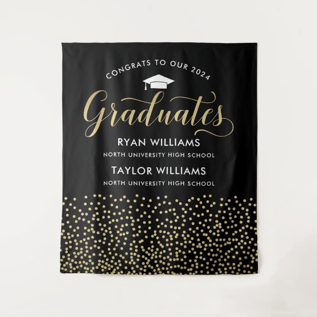 Congrats Two Graduates Black Gold Confetti Party Tapestry (Front)