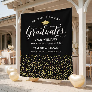 Congrats Two Graduates Black Gold Confetti Party Tapestry