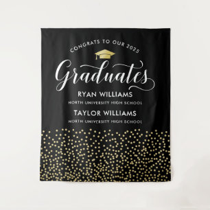 Congrats Two Graduates Black Gold Confetti Party Tapestry