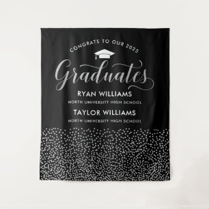Congrats Two Graduates Black Silver Confetti Party Tapestry