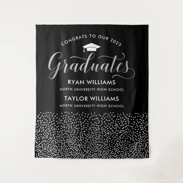 Congrats Two Graduates Black Silver Confetti Party Tapestry (Front)