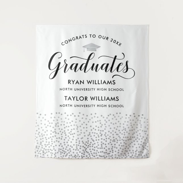 Congrats Two Graduates Silver Confetti Party Tapestry (Front)