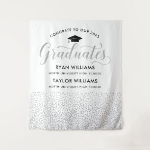 Congrats Two Graduates Silver Confetti Party Tapestry
