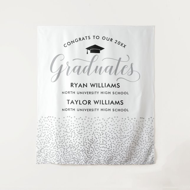 Congrats Two Graduates Silver Confetti Party Tapestry (Front)