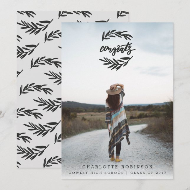 CONGRATS WREATH PORTRAIT-BLACK AND WHITE INVITATION (Front/Back)