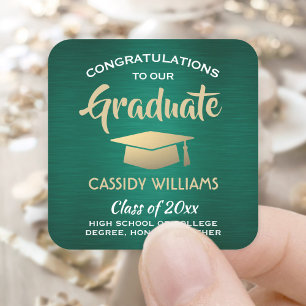 Congratss Brushed Green, White and Gold Graduation Square Sticker
