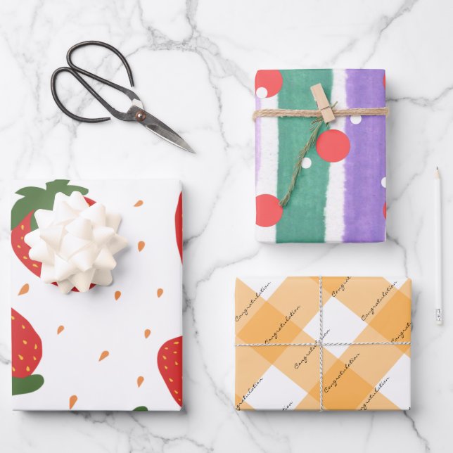 Congratulation Birthday storeberry pattern red Wrapping Paper Sheet (Front)