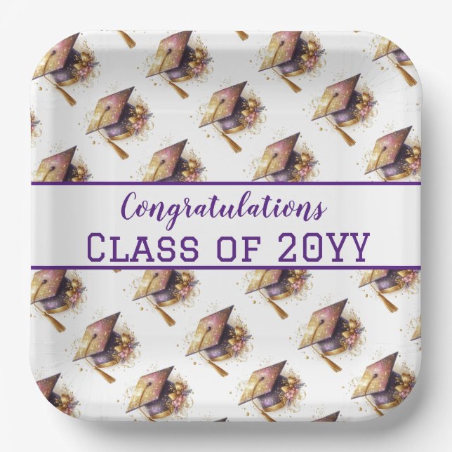 Congratulation Class of Graduation Cap and Diploma Paper Plate (Front)