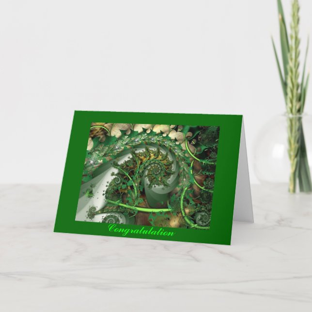 Congratulation, fractal green leaves greeting card (Front)