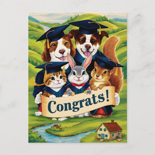 Congratulation to college graduation cute animals postcard (Front)