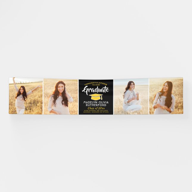 Congratulations 4 Photo Black & Yellow Graduation Banner (Horizontal)