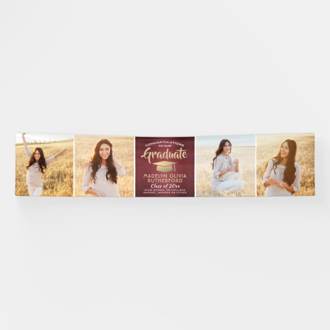 Congratulations 4 Photo Burgundy Gold Graduation Banner (Horizontal)