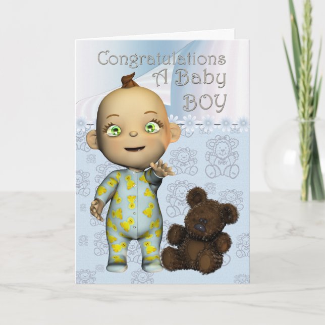 Congratulations A Baby Boy Card with cartoon (Front)