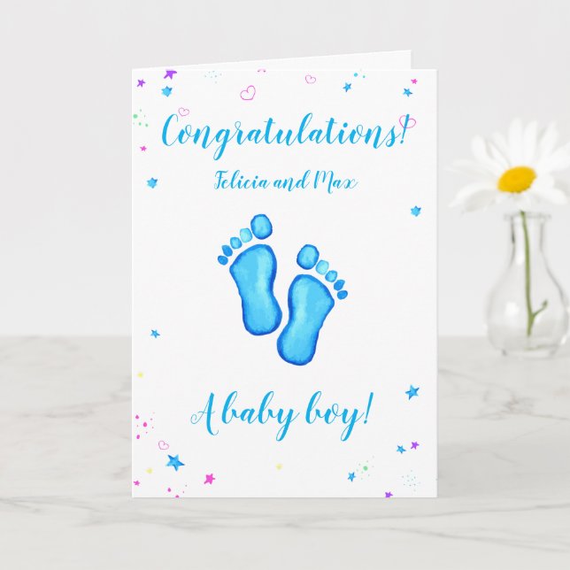 Congratulations a baby boy customisable names card (Small Plant)