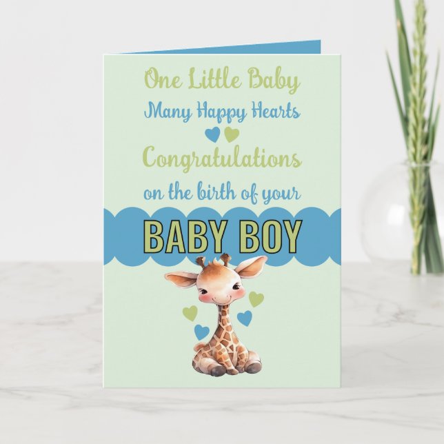 Congratulations baby boy cute giraffe blue card (Front)
