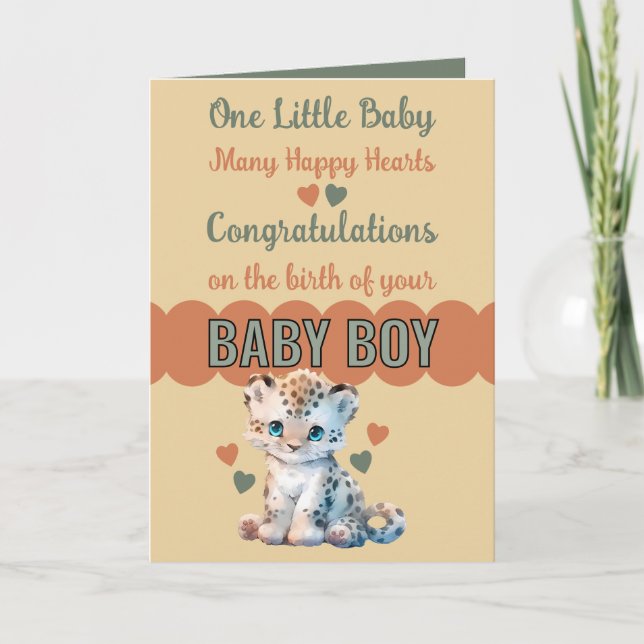 Congratulations baby boy cute leopard orange card (Front)