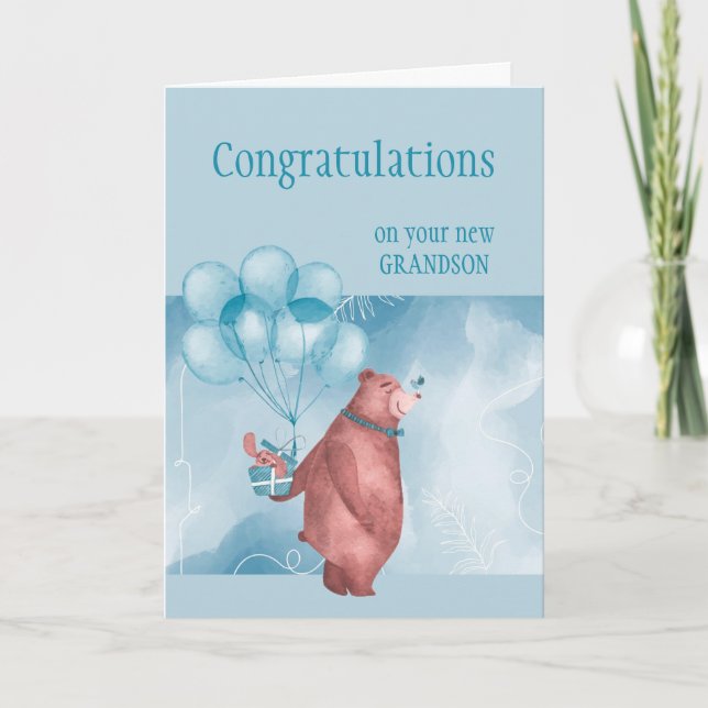 Congratulations Baby BOY FunTeddy Bear Balloon Car Card (Front)