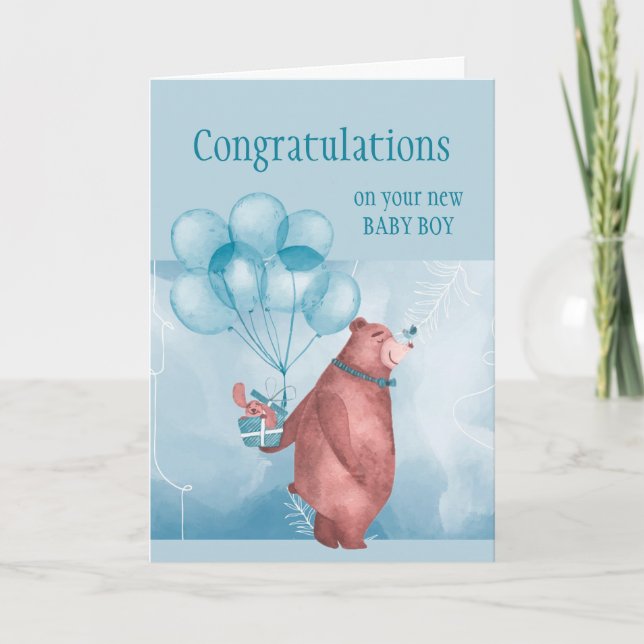 Congratulations Baby BOY FunTeddy Bear Balloon Card (Front)