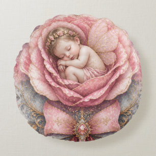 Congratulations Baby Fairy girl Pink Rose Birth Round Cushion