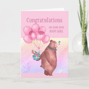 Congratulations Baby Girl  FunTeddy Bear Balloon  Card