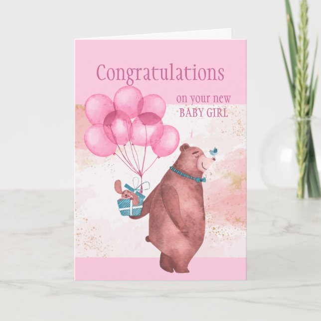 Congratulations Baby Girl  FunTeddy Bear Balloons Card (Front)