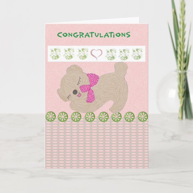 Congratulations Baby Girl with Teddy Bear in Pink Card (Front)