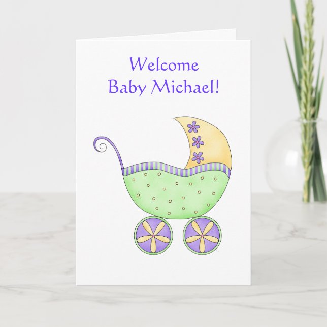 Congratulations Baby Name Personalised Green Buggy Card (Front)