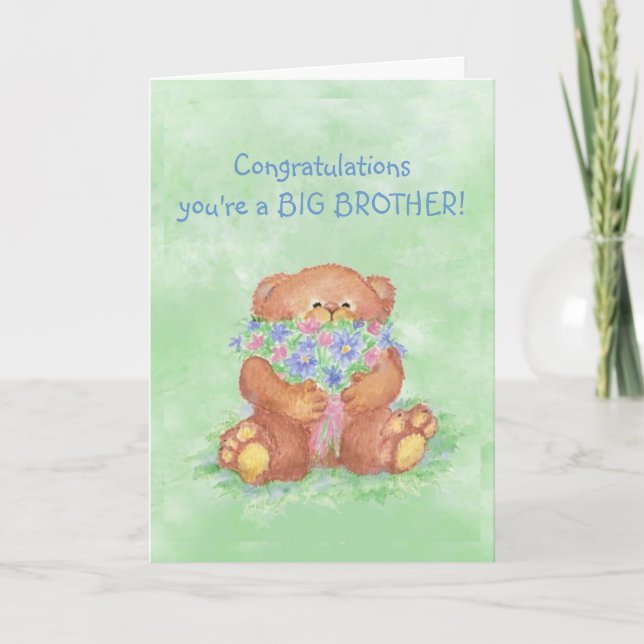 Congratulations BIG BROTHER FunTeddy Bear Flowers Card (Front)