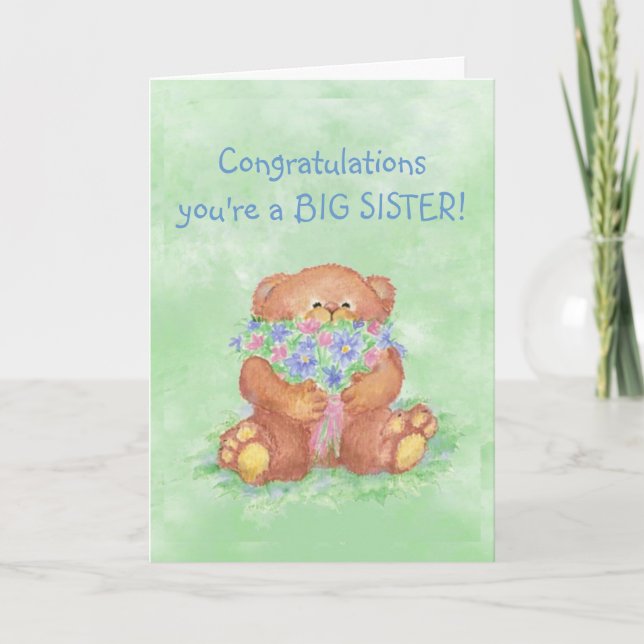 Congratulations BIG SISTER FunTeddy Bear Flowers Card (Front)