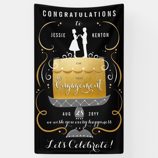 Congratulations Black and Gold Engagement Party Banner (Vertical)