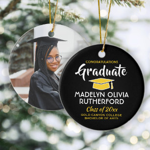 Congratulations Black and Gold Graduation Photo Ceramic Tree Decoration