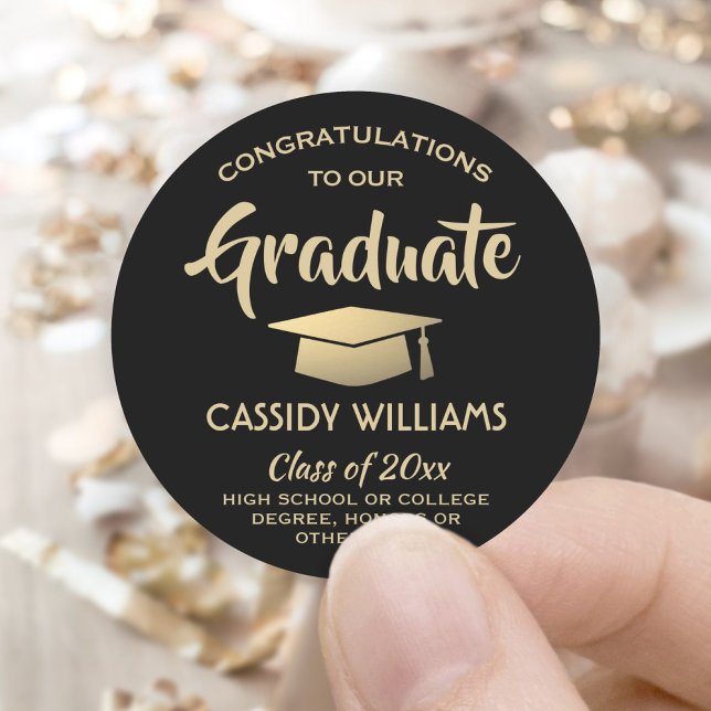Congratulations Black and Gold Modern Graduation Classic Round Sticker (Creator Uploaded)