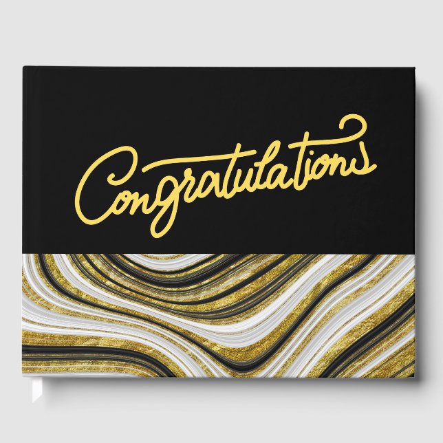 Congratulations Black and Gold Theme Marble Guest Book (Front)