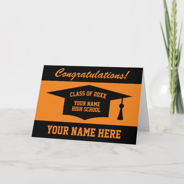 Congratulations black and orange school graduation card (Front)