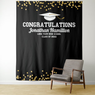 Congratulations Black Gold Grad Party Backdrop Tapestry