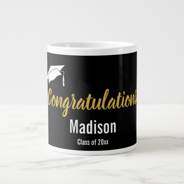 Congratulations Black White and Gold Graduate Name Large Coffee Mug (Front)