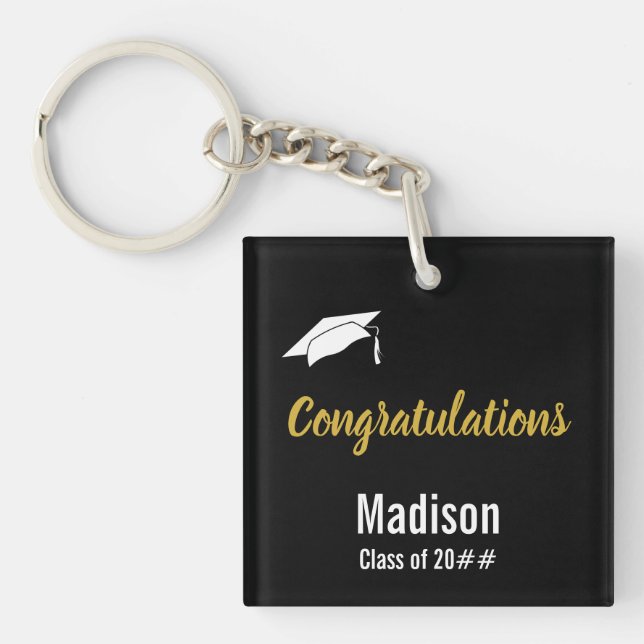 Congratulations Black White and Gold Graduation Key Ring (Front)