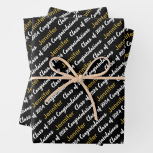 Congratulations Black White Gold Name Class 2024 Wrapping Paper Sheet