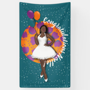 Congratulations! Black Woman, Balloons & Flowers Banner