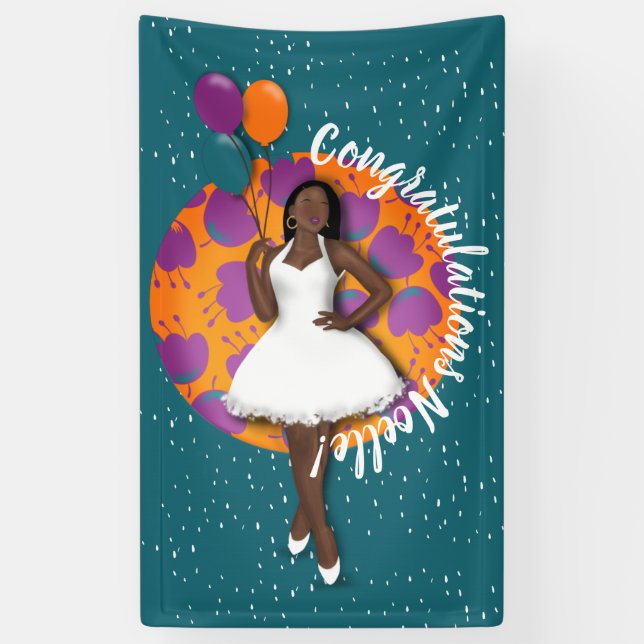 Congratulations! Black Woman, Balloons & Flowers Banner (Vertical)
