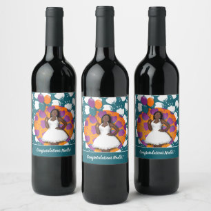 Congratulations! Black Woman, Balloons & Flowers Wine Label