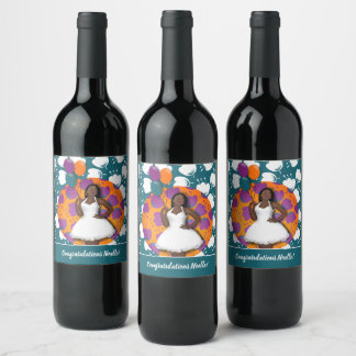 Congratulations! Black Woman, Balloons & Flowers Wine Label
