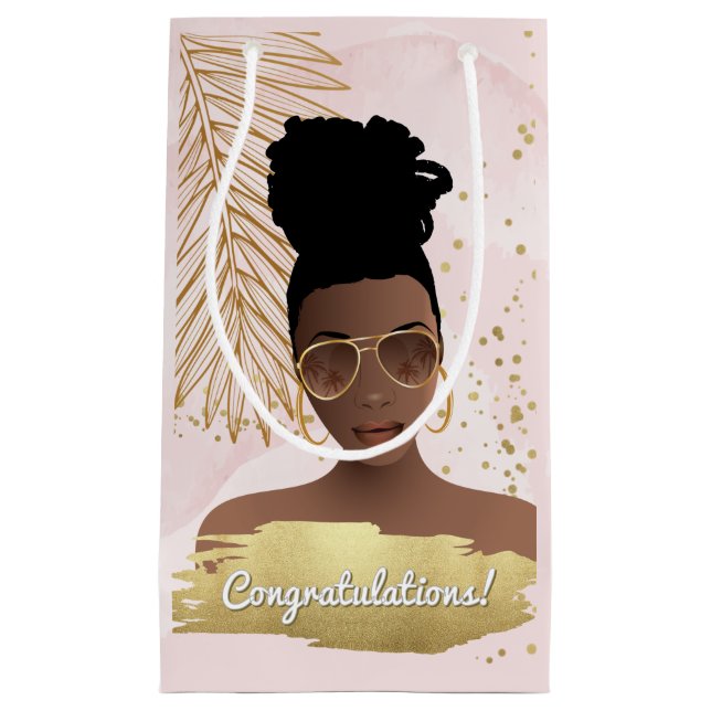 Congratulations! Black Woman Pink & Gold, Tropical Small Gift Bag (Front)