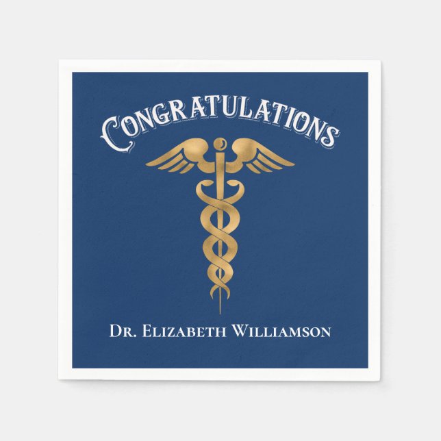 Congratulations Blue Doctor Physician Caduceus Napkin (Front)