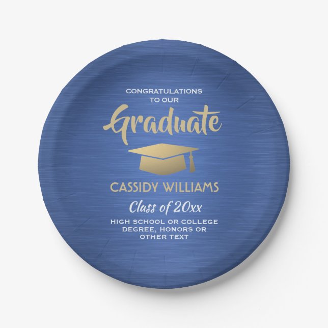 Congratulations Blue Gold White Script Graduation Paper Plate (Front)